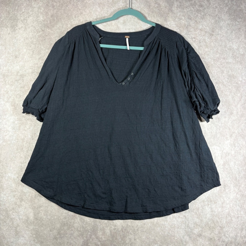Free People Top Women Medium Black OB978510 Henley Boho Smocked Gauze Casual NEW